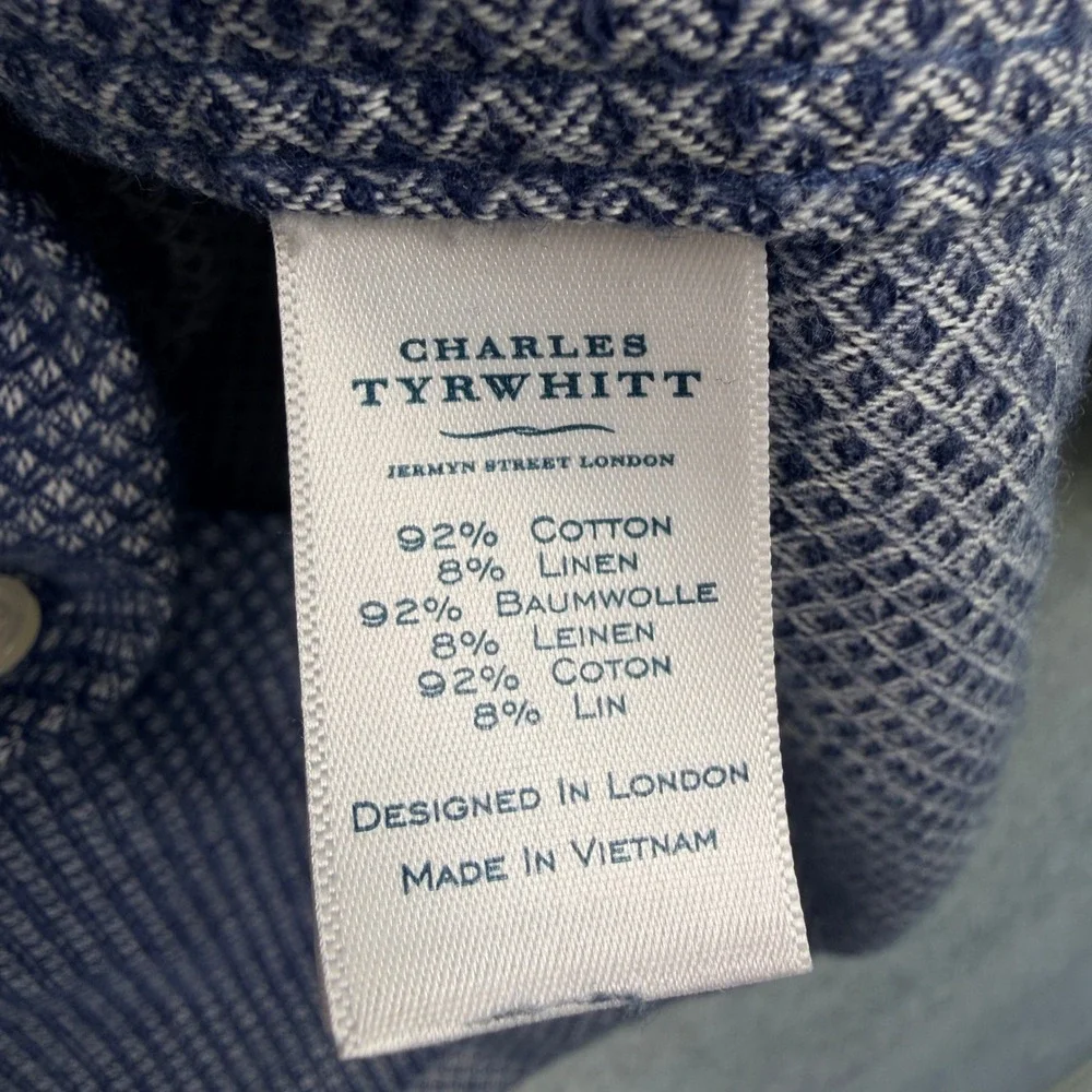 Charles Tyrwhitt Button Down Shirt Mens XL Slim Fit Geometric Print Linen Blend